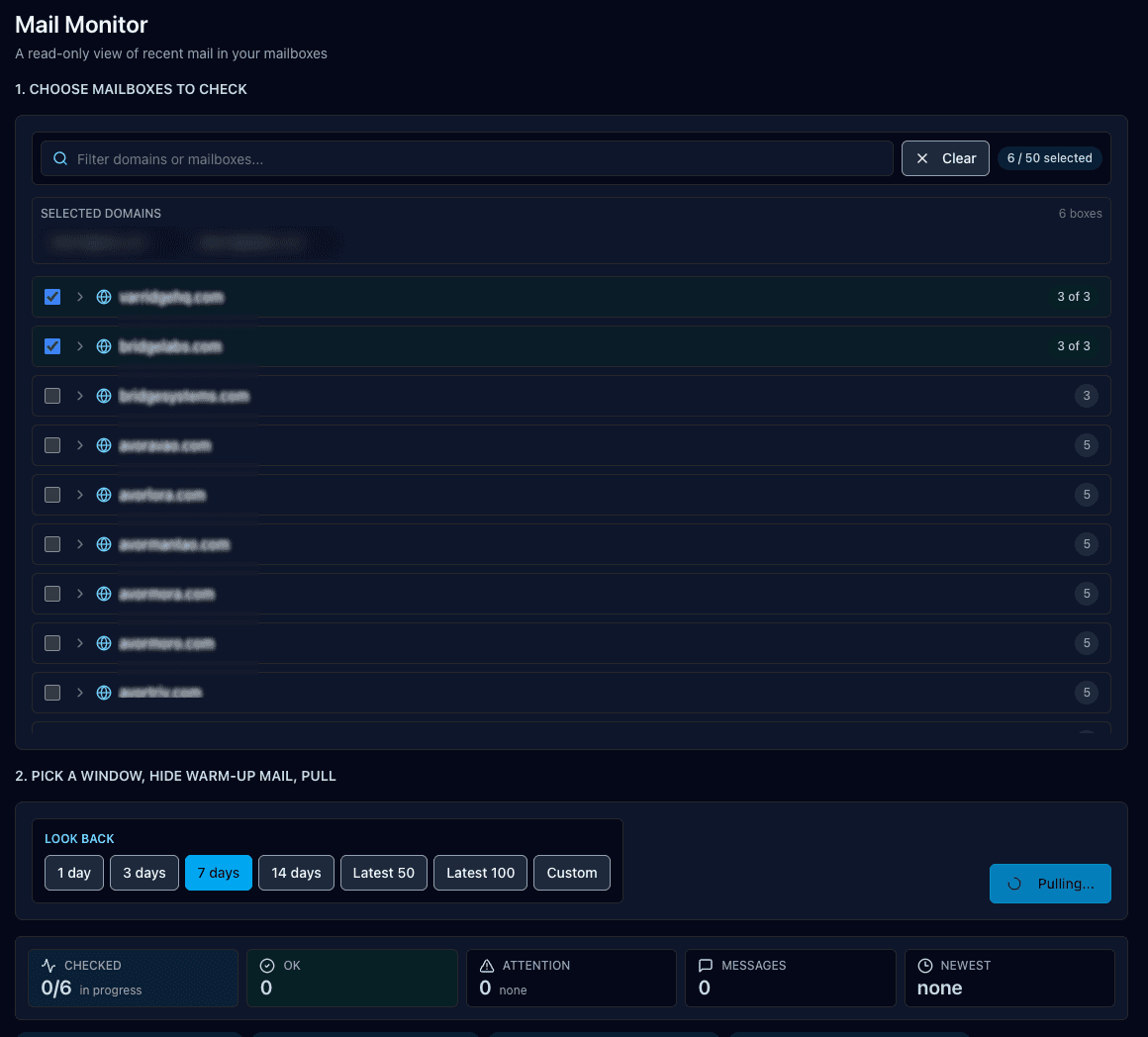 Mailrun portal — Mail monitor, sanitized screenshot